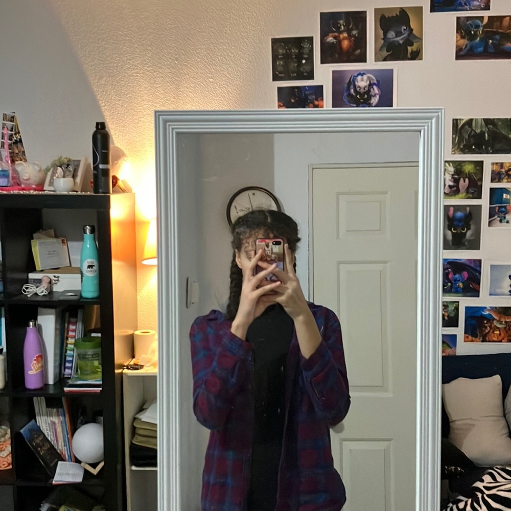 Maroon, blue and grey button up hooded flannel. Size small.